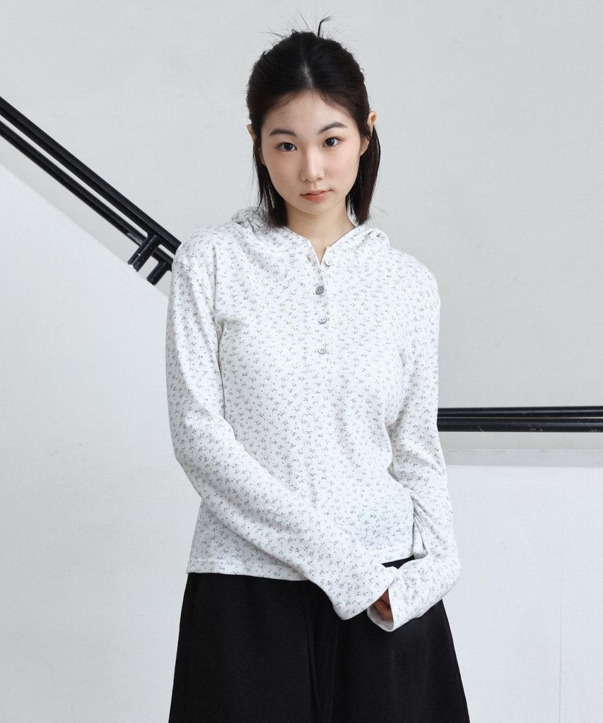 Half Button Flower Hoodie (White)