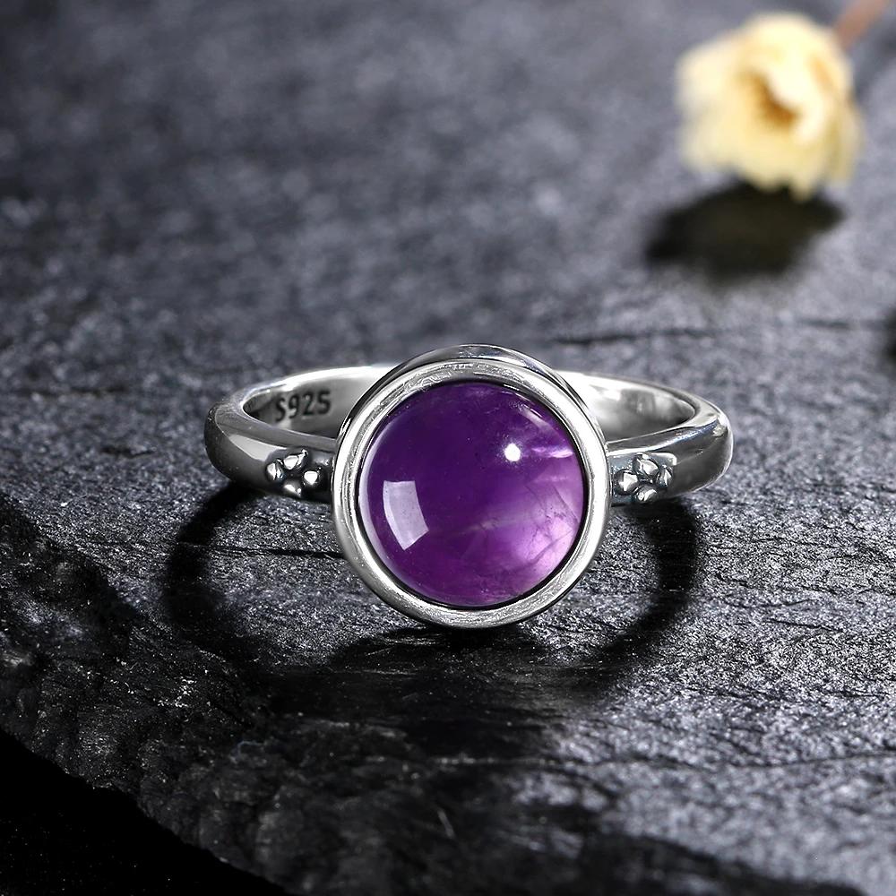 Vintage Carved Pattern Oval Purple Stone Rings, Amethyst Gemstone CopperPlating Ring, Women's Boho Fashion Jewelry Cross-Border