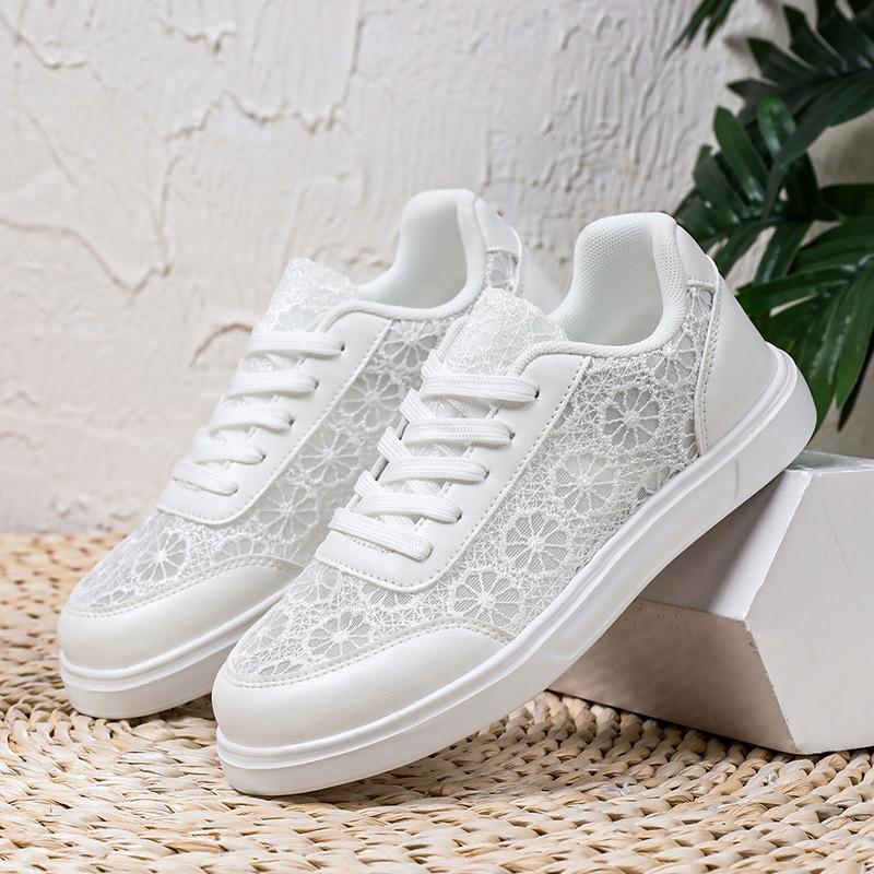 Fashion Lace White Shoes Women Hollow-out Walking Flats Breathable Mesh Casual Footwear for Jogging Traveling