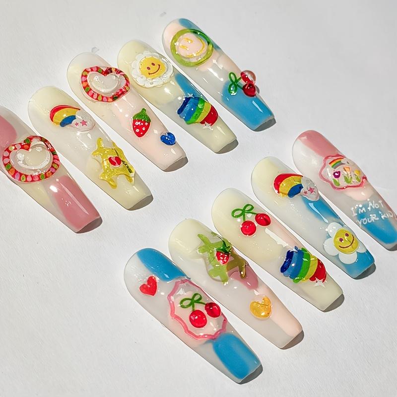 Summer Dopamine 3D Jelly Glue Nail Art Stickers, Cartoon Patterns with Heart, Cherry, Sunflower, Plastic Self-Adhesive for DIY Manicure