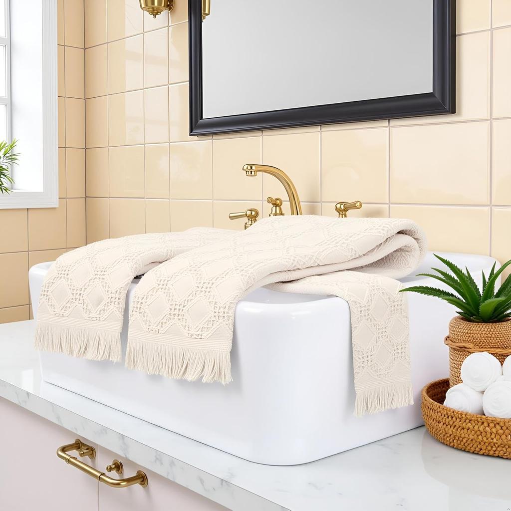 2 Pcs Decorative Boho Hand Towels Bathroom 14X30 100% Cotton Turkish Absorbent Soft Cute Face Bath Towel Set for Farmhouse Boho Bathroom Kitchen