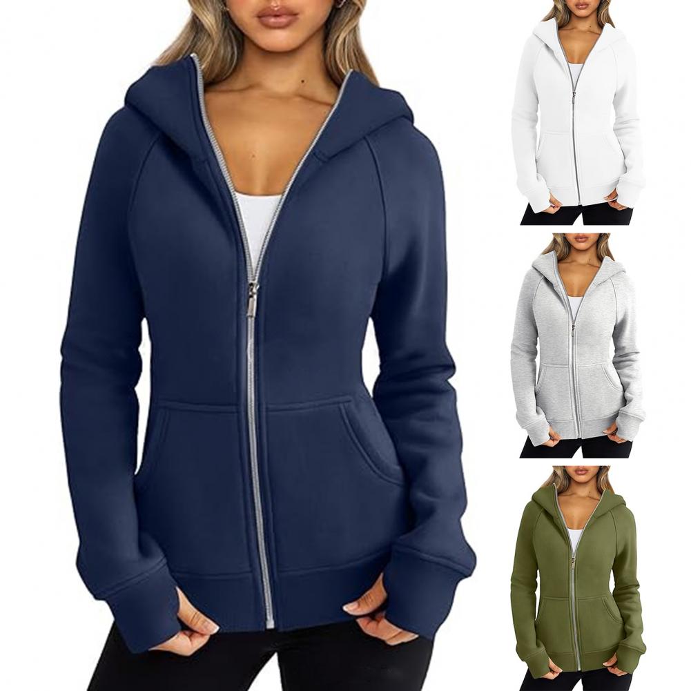Women Jacket Plush-lined Lady Hoodie Jacket with Zipper Closure Pockets Elastic Cuffs Cozy Cardigan Coat for Wear Spring Autumn