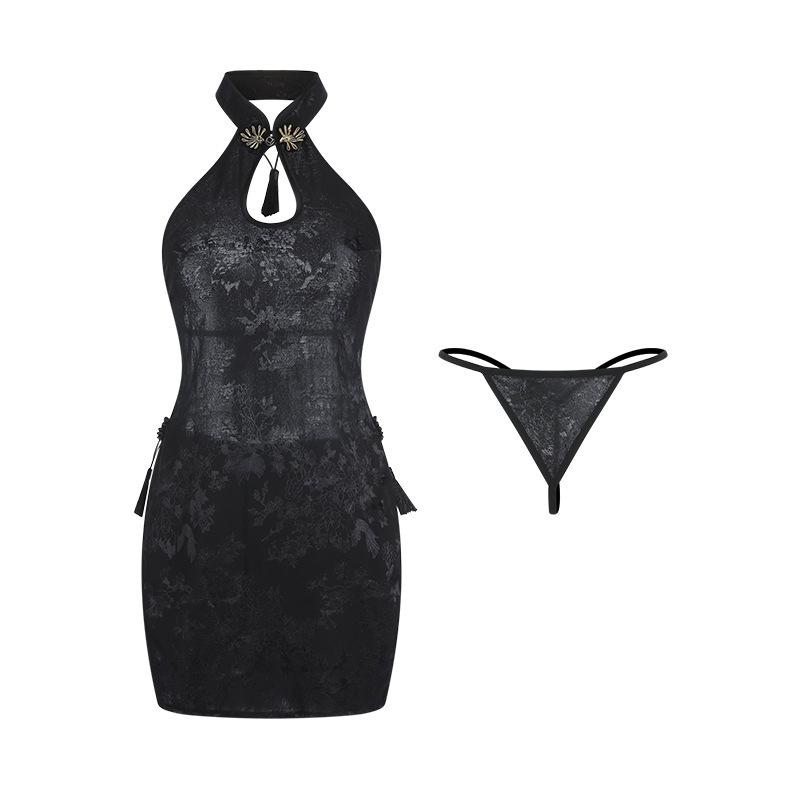 Women's Vintage Mandarin Collar Frog Button Backless Double Slit Qipao Dress Costume Lingerie Set