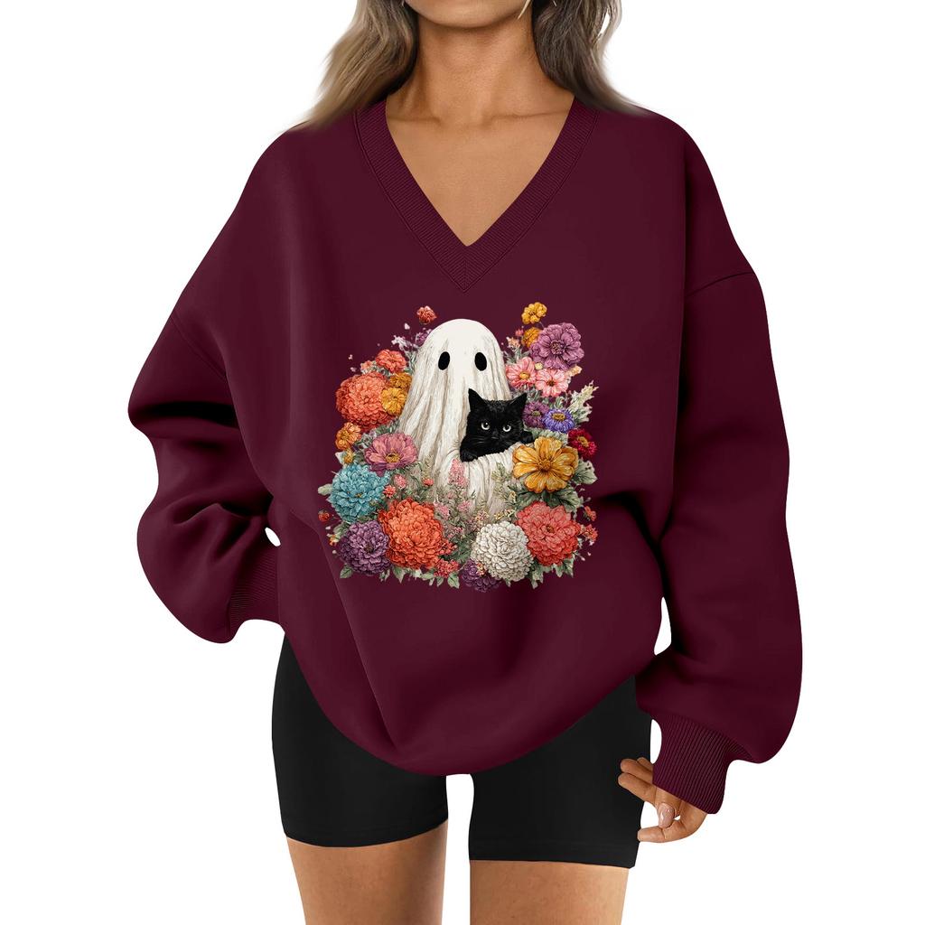 Women's V-neck Dropped Shoulder Halloween Print Sports Sweatshirt Top