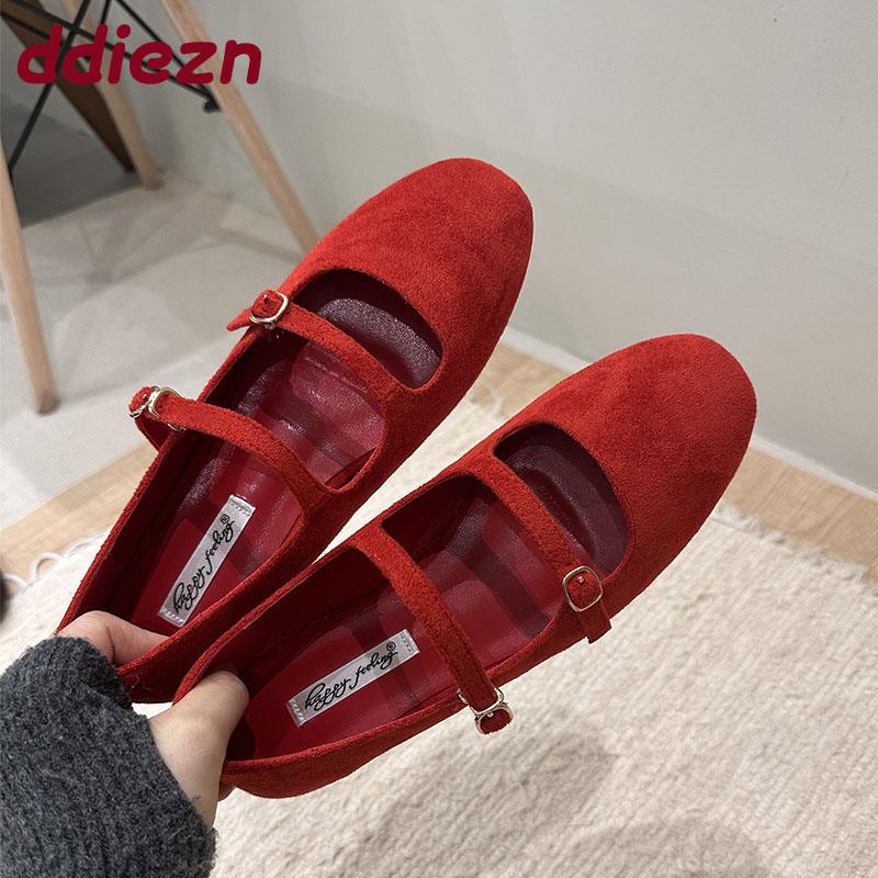 Fashion Buckle Fashion Flock Ladies Mary Janes Flats Shoes 2025 New Shallow Female Soft Footwear Round Toe Women Ballet Flats Shoes