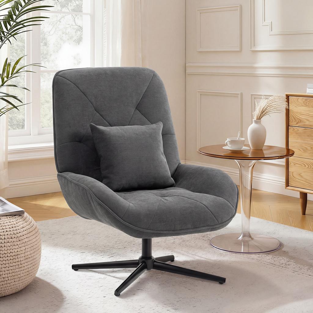 Swivel Accent Chair, Chenille Upholstered Armchair with Lumbar Cushion, High Backrest, Deep Seat, Dark Grey