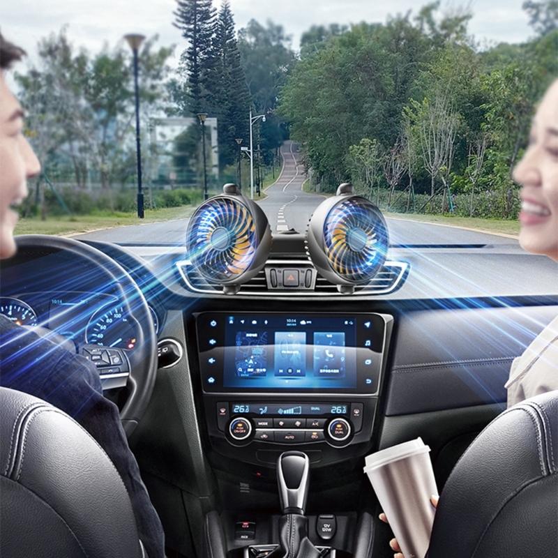 Ventilátor do auta USB/12V/24V ventilátor do auta s 2 rychlostmi, 360° otočný dvouhlavý ventilátor, elektrický ventilátor do auta se silným větrem