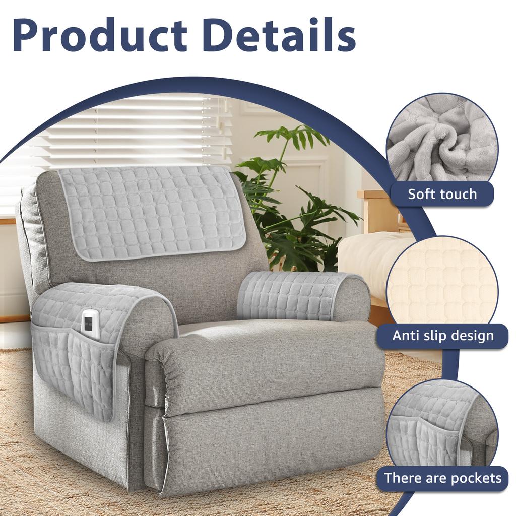 3Pcs Sofa Armrest Cover with Side Storage Pockets Soft Non Slip Four Seasons Sofa Arm Protector Recliner Chair