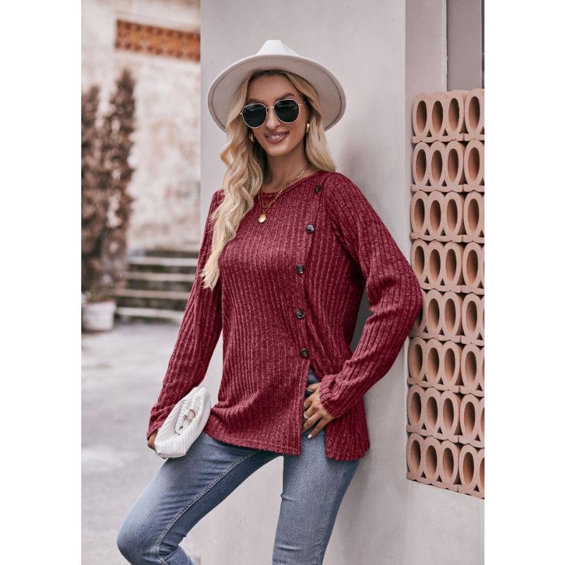 Women's Fashion Casual Spring Fall Solid Color Print Long Sleeve O-Neck Blouses & Shirts