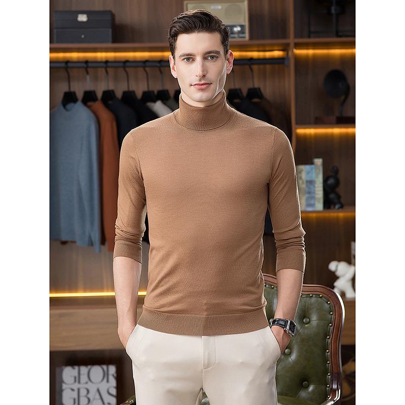 Men's High Neck Wool Sweater - Light Luxury, Solid Color, Brushed Fleece, Autumn/Winter Casual Knit