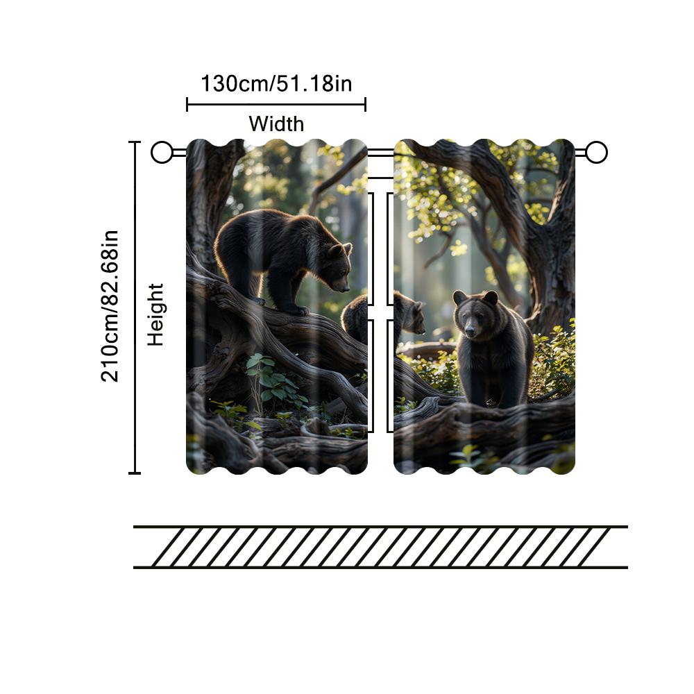2 Pcs, Filtering Curtains (excluding Rods, Non-movable, Without Batteries) Bears Play In Forest for Use In Bedrooms and Living