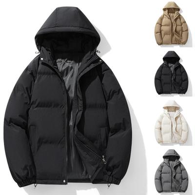 Men Cotton Coat Hooded Long Sleeve Zipper Placket Winter Quilted Jacket Solid Color Thickened