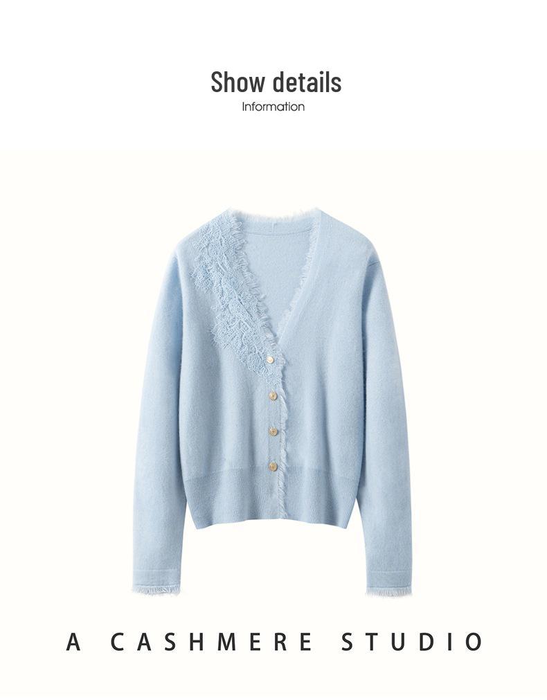 Women's Cashmere V-Neck Patchwork Lace Trim Cardigan
