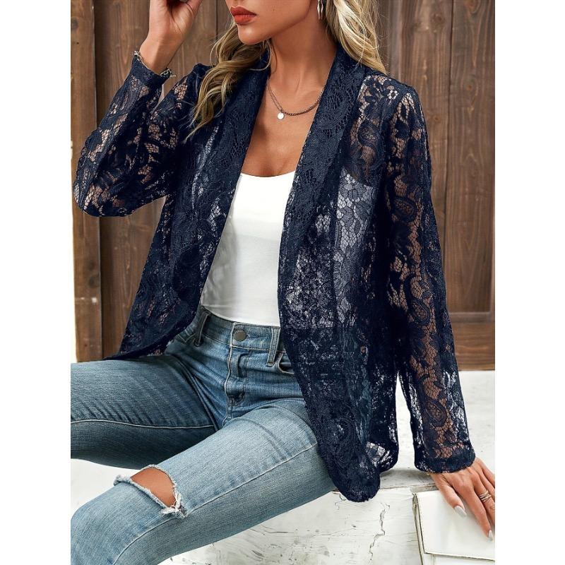 

Женский пиджак с кружевным ажурным воротником, однотонный, тонкий, с длинными рукавами, универсальный топ для поездок на работу и повседневный стиль Харадзюку S чёрный