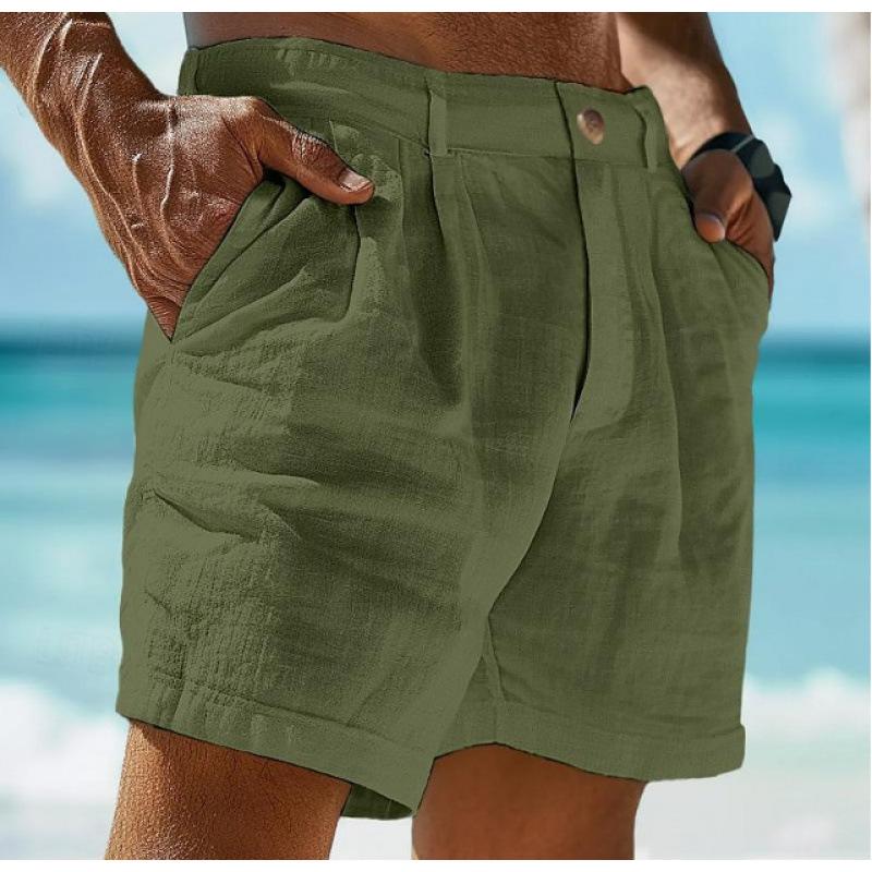 Discount Market Zomerstrandbroek voor heren, linnen-katoenmix, met knoopzakken - Comfortabele vakantiemode Triple Extra Large legergroene kleur