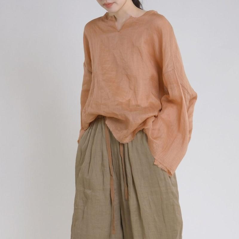 Johnature Women Summer T-shirt V-Neck Long Sleeve Solid Color Tees Ramie High Quality Loose Women Vintage T-Shirts