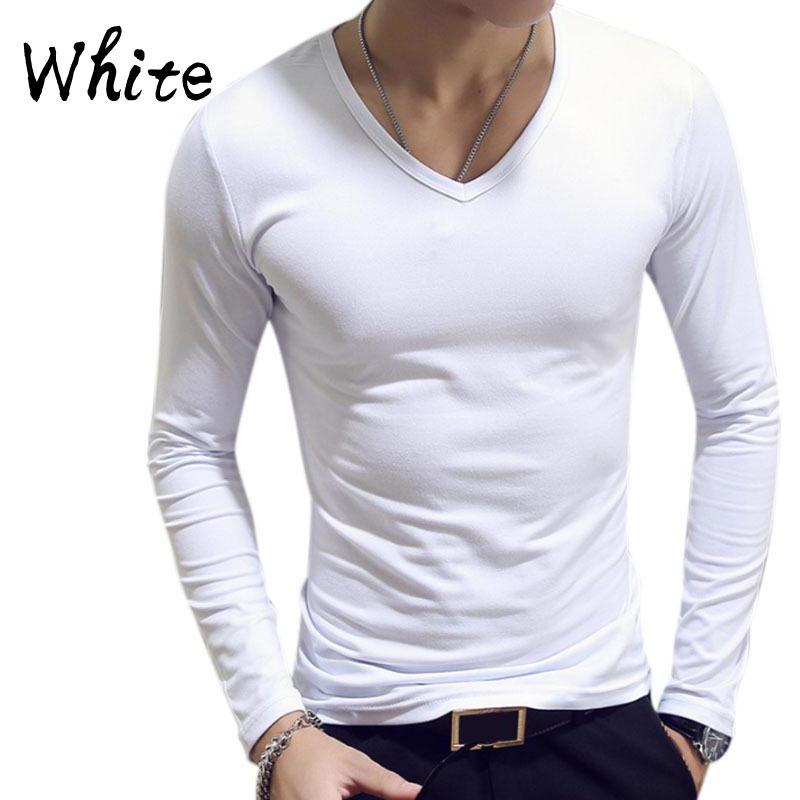 Elastic Mens T-Shirt V-Neck Long Sleeve Men T Shirt For Male Cotton T-Shirts Man Clothing TShirt Top Tees