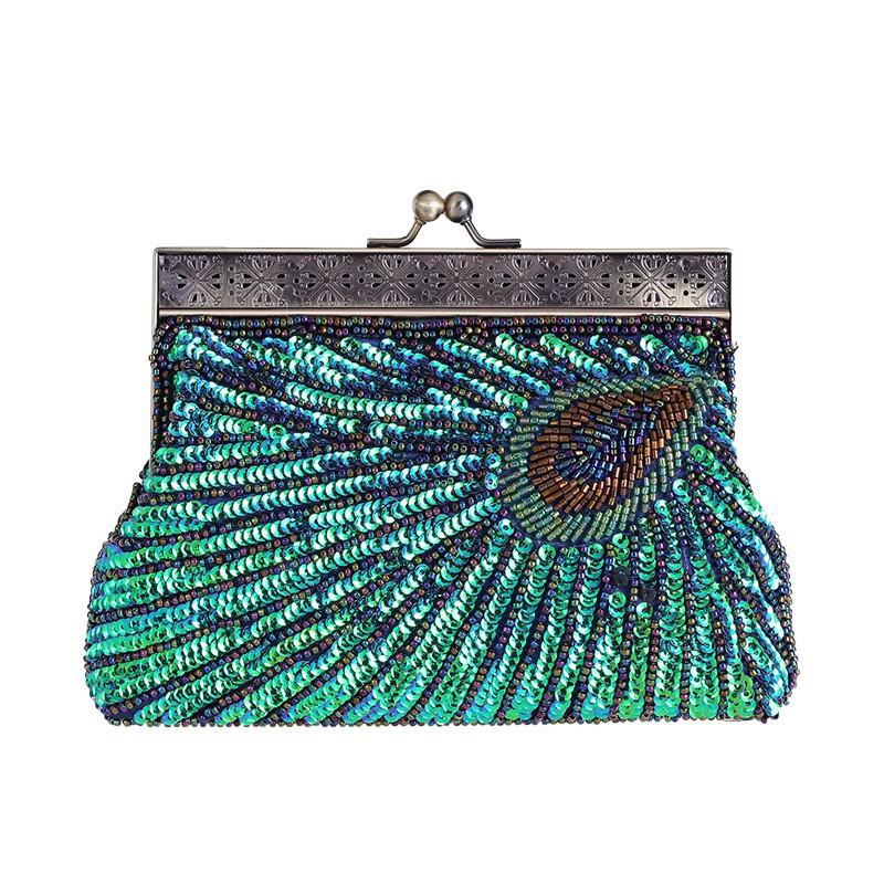 

Women s Peacock Evening Bags Clutch Purse Sequins Vintage Purses for Wedding Party Crossbody Handbags with Detachable Chains Shoulder Bag for Women one size peacock синього кольору