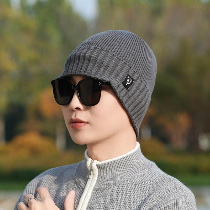 Winter Knitted Hat Men Warm Coldproof Wool Hat Cycling Fleece Thick Cotton Hat