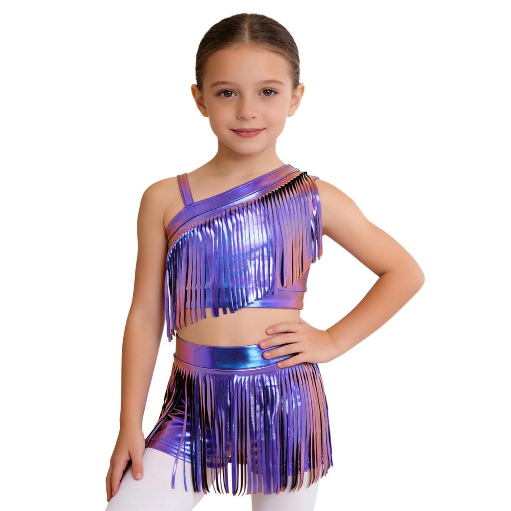 Children’s Sparkly Metallic Fringe Asymmetric Top and Stretchy Waist Shorts Set for Jazz Dance Stage Show Theme Party