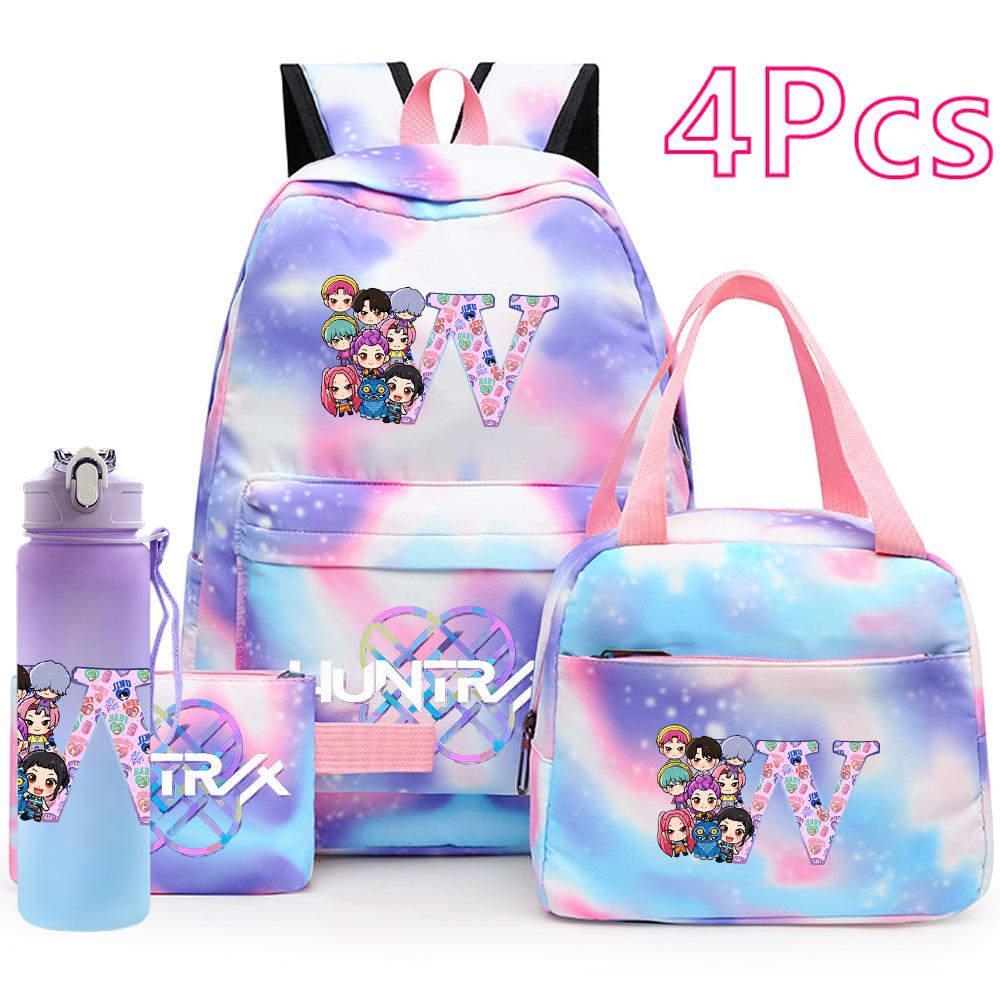 4Pcs/set K-Pop Printed Backpack Handbag Pencil Case 750Ml Water Bottler for Teenager Boy Girl Schoolbag Large Capacity Waterproof Bookbag Kid Gift