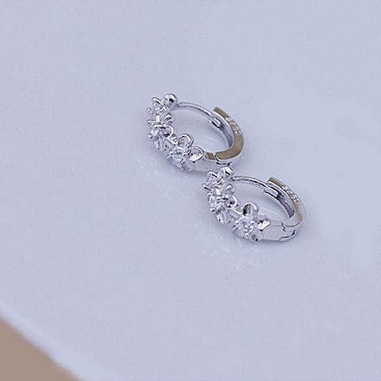 Lady Flower Faux Sweet Rhinestone Huggie Silver Plated Earrings Hoops