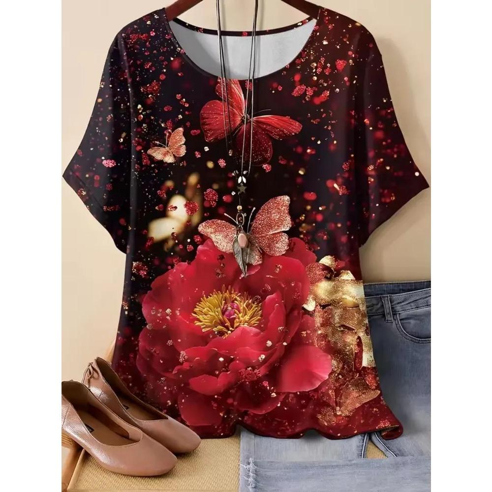 Dames T-shirt 3D Patroon Gedrukt Casual Korte Mouw Ronde Hals Top Modieuze Straat Dameskleding