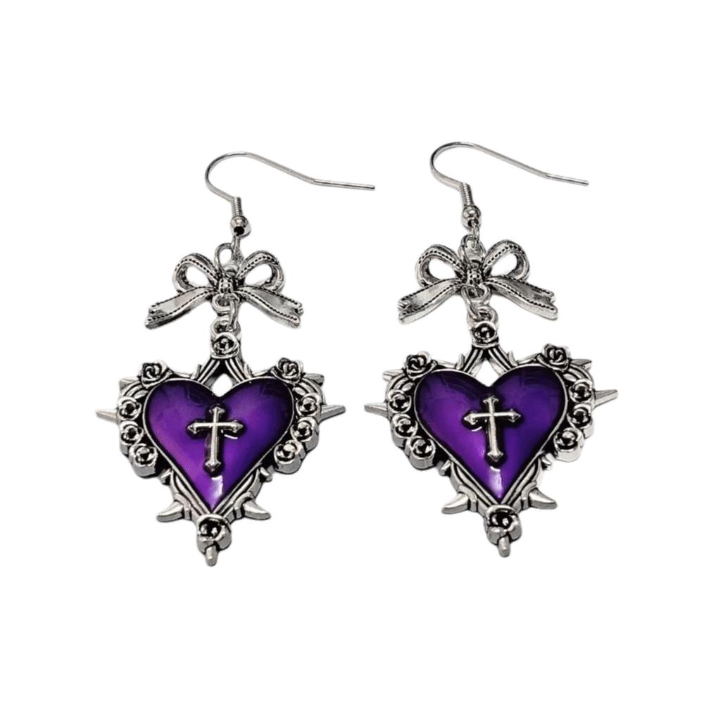 Red Enamel Thorn Rose Drop Earrings Silver Halloween Dangle Earrings Heart Cross Earrings Women фиолетовый