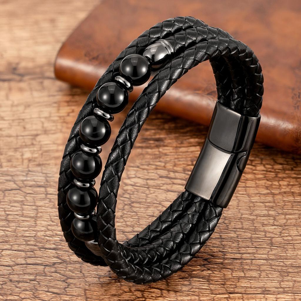 Trendy Multilayer Leather Bracelets For Men Women 9 Style Round Stone 8mm Beaded Jewelry Valentine Day Gifts