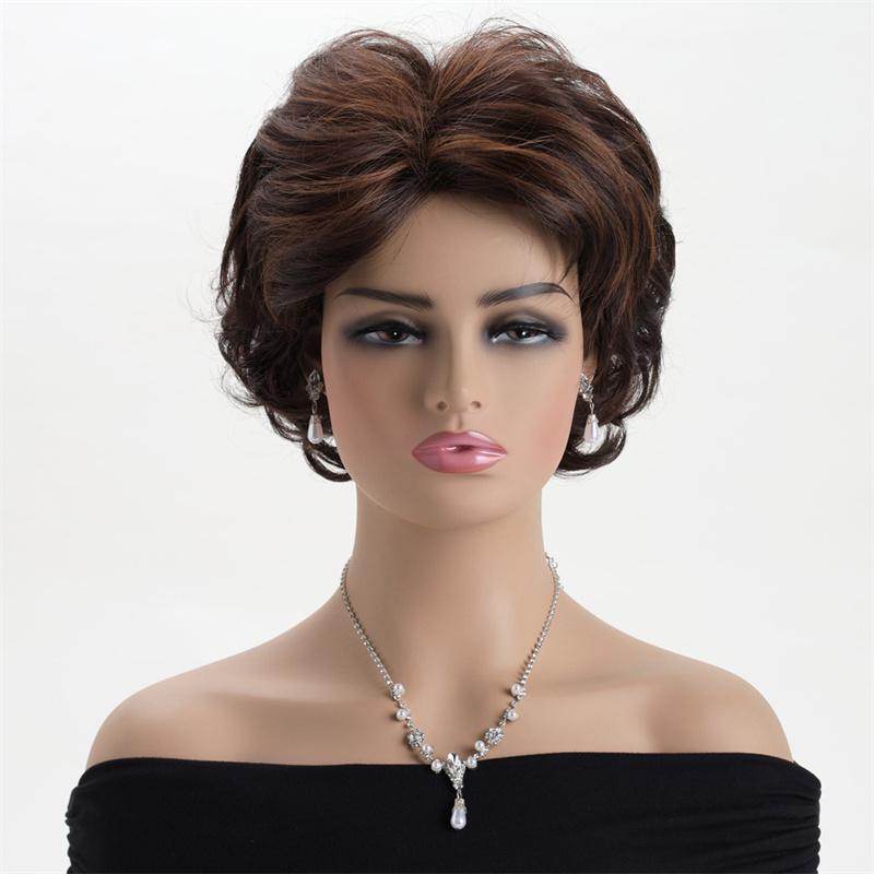 Brown Curly Wig with Bangs Synthetic Natural Short Wigs for Women Heat Resistant Fiber Costume Wigs Cosplay Mommy Wigs Daily Use