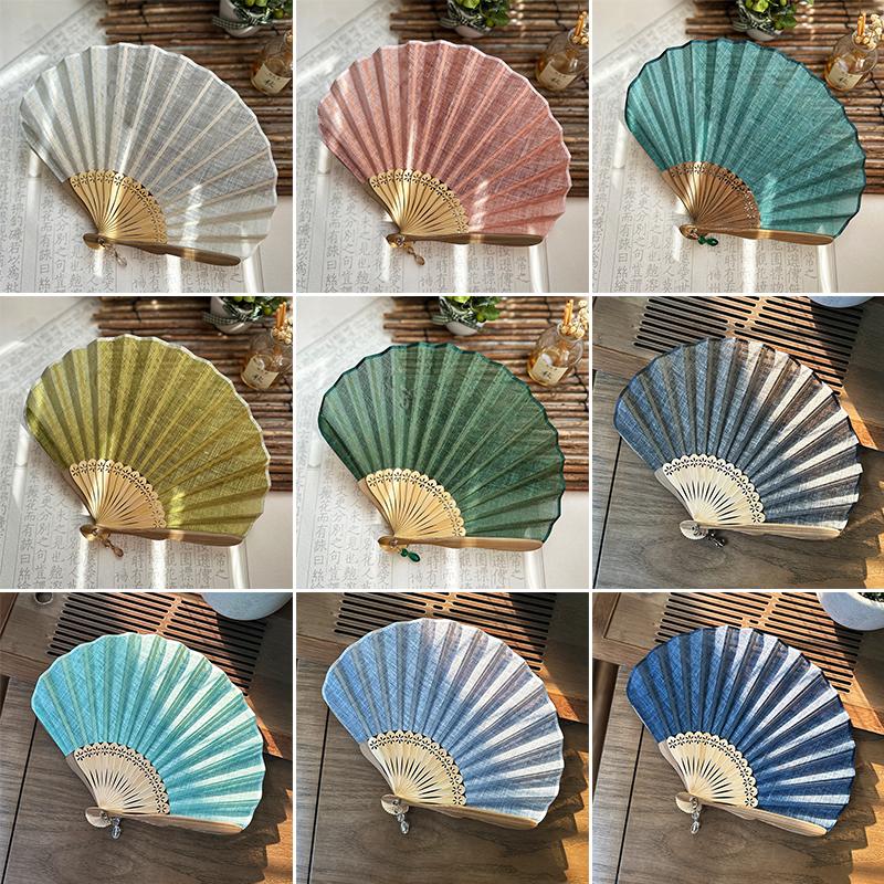 Japanese Style Shell Shape Fan Cotton Linen Literary Art Retro Folding Bamboo Fan Chic Chinese Hanfu Wedding Dance Decor Props
