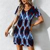 Summer Fashion Women's V Neck Short Sleeve Retro Geometry Pattern Printed  Dress Sex Short Skirt Dresses