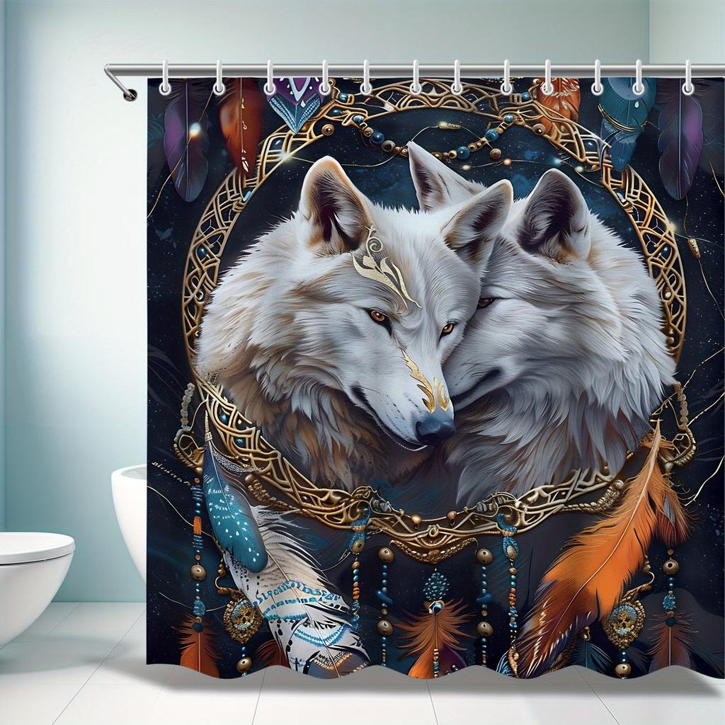 Exquisite Wolf Totem Shower Curtain - Mystical Wolf with Feathers, All-Season Design, Easy Install, Bathroom Accessories Set