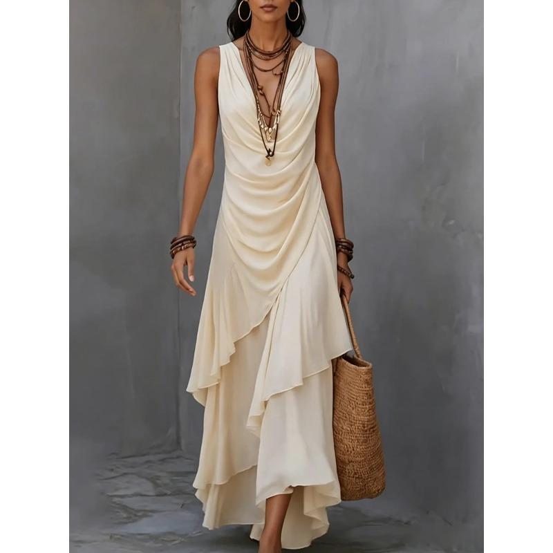 GMXIA Women's Fashion Summer Spring V-Neck Sleeveless Solid Color Print Casual Dresses