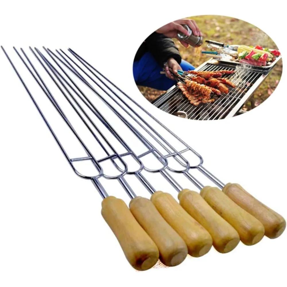 6 U-förmige Grillgabeln mit Holzgriff, geeignet für Kochen im Freien, Picknicks und Grillabende