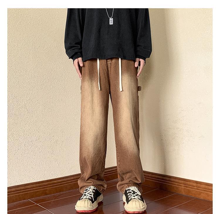 Calça jeans masculina estilo American Retro Brown Wide Leg: Macacões versáteis, folgados e de outono para as ruas da cidade
