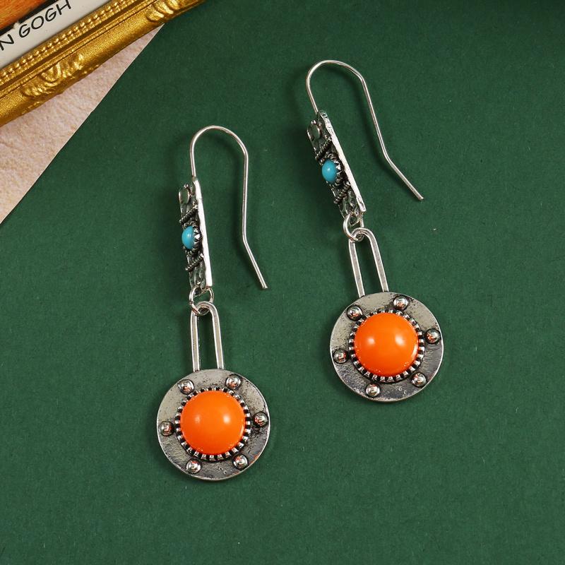 Bohemian Coral Color Drop Earrings Zinc Alloy Inlaid Synthetic Gems Pendant Vintage Hook Earrings Engagement Party Jewelry
