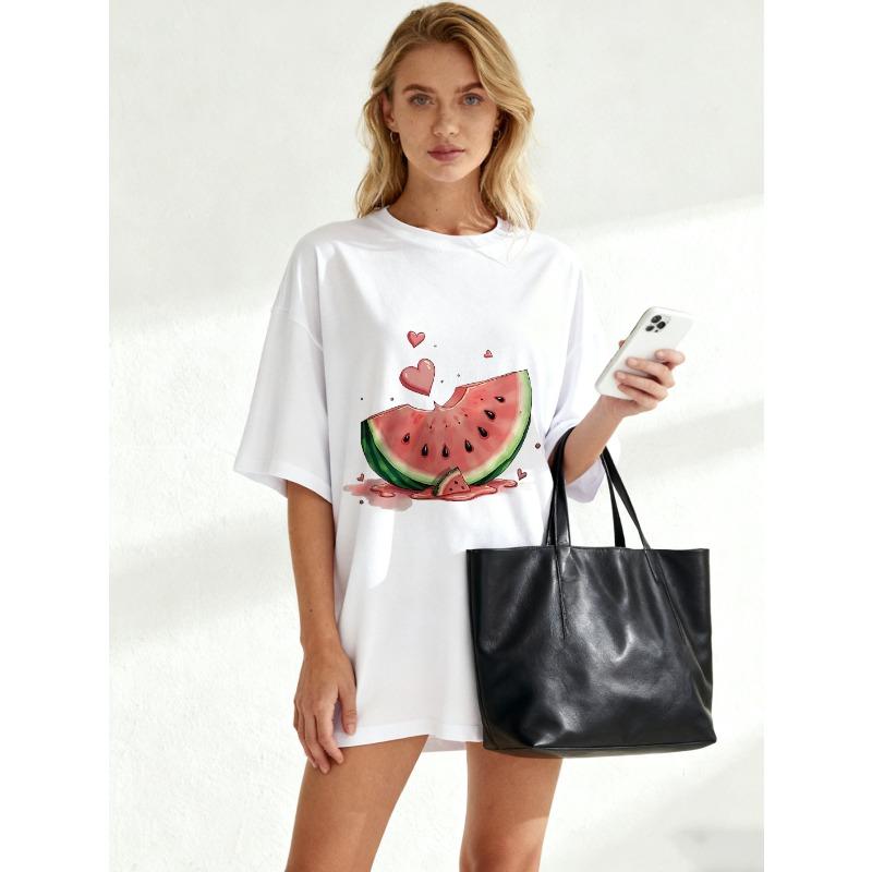Oversized T Shirt Black Watermelon Slice With Hearts Print Summer Casual Wear