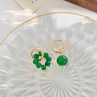 Korean Green Beads Pendant Asymmetric Earrings Jewelry Gift Bohemian Double Circle Punk Hoop Earrings For Women