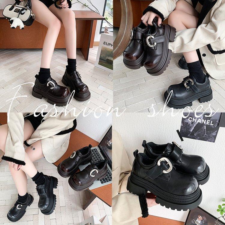 [Ushilai] British Style Big Head Platform Small Leather Shoes Women's 2025 Winter New Metal Buckle Casual Loafers