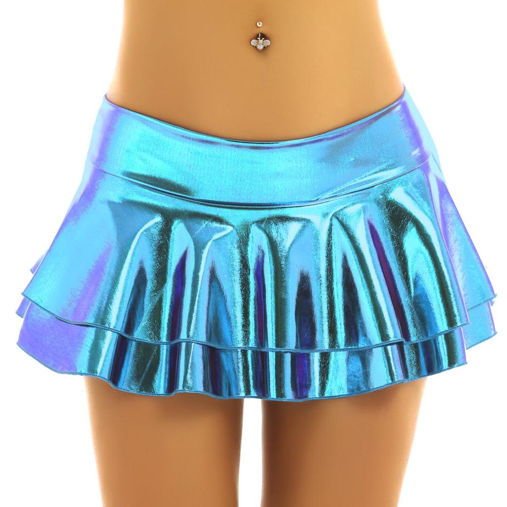 Glänzende Metallic-Low-Rise-Miniröcke für Damen mit Rüschen und Falten, Rave-Party, Clubwear