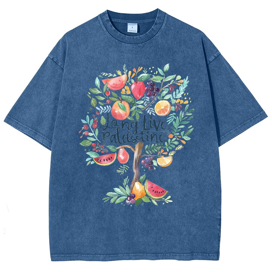 Washed Loose Tops Tees Fruit Tree Print T-Shirt Mens Streetwear Vintage Black T-Shirt Harajuku Oversized Short Sleeve