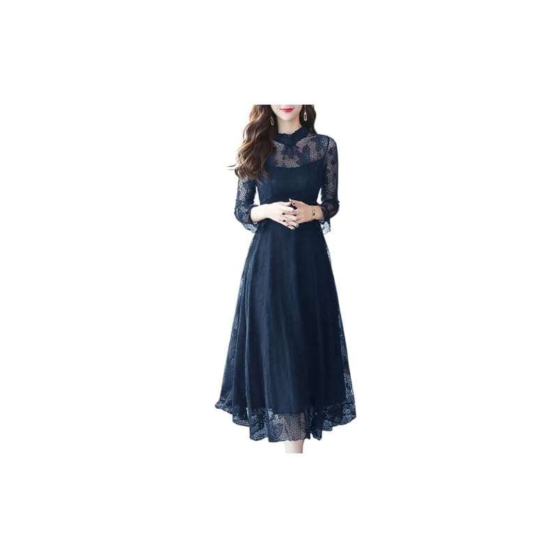 [Sueeya] (Sueeya) Women's Lace Long Frill Dress, Long Sleeves, Flare, All-over Print, Cute, High Waist, Slimming Effect, Stylish, Sheer, Beautiful,