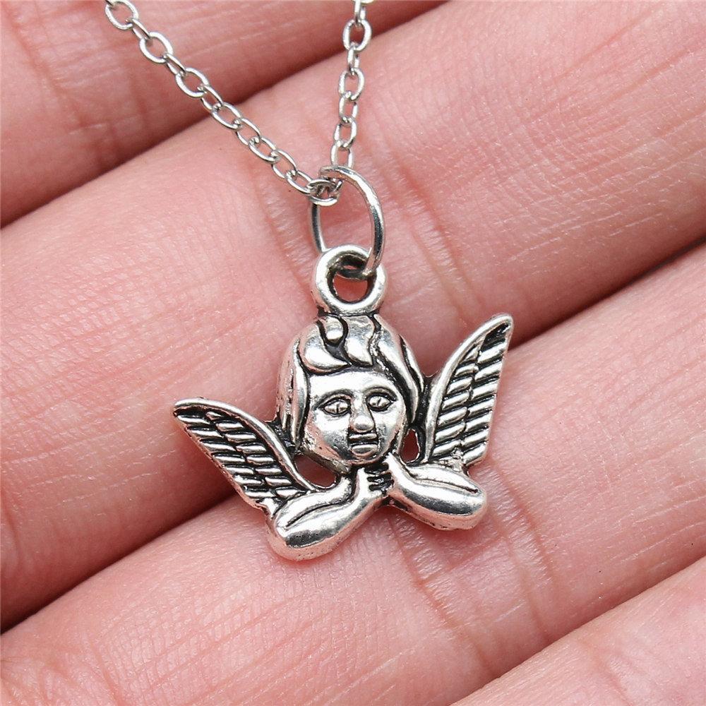 Peach Heart Angel Wings Sweet Pendant Antique Silver Metal Boys Collar Necklace High Quality Gift