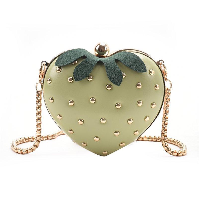 Strawberry Print Red Leather Crossbody Bag Gold Studs Chain Strap Lovely Mini Shoulder Purse for Girls Party Gift