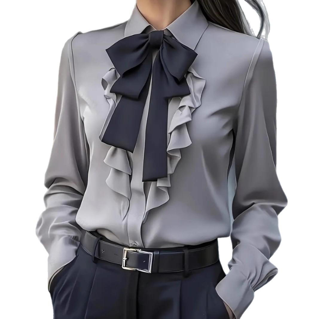 

Women s Formal Shirt Collar Bow Tie Ruffles Long Sleeve Blouse Bow Tie Separate S