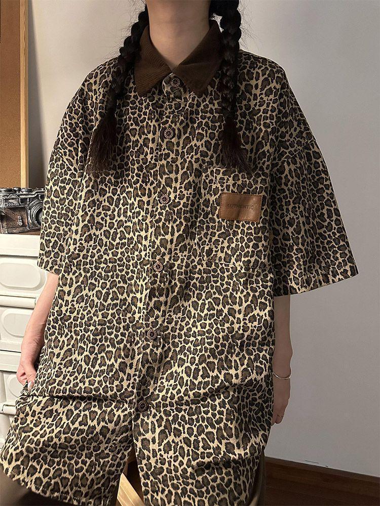 American Retro Vintage Leopard Print Polo, Three-Quarter Sleeve Shirt - Hip-Hop Summer Trend, Stylish Streetwear.