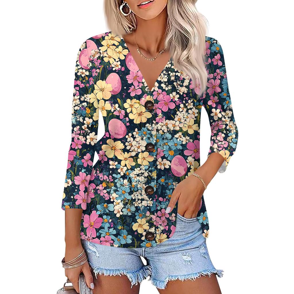 Women's Fashion Casual Print Button-down Shirt 3/4  Sleeve Tops