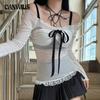 Women's Bow One Line Shoulder Light Contrast Color Lace Patchwork Roll Up Waist Long Sleeve Top