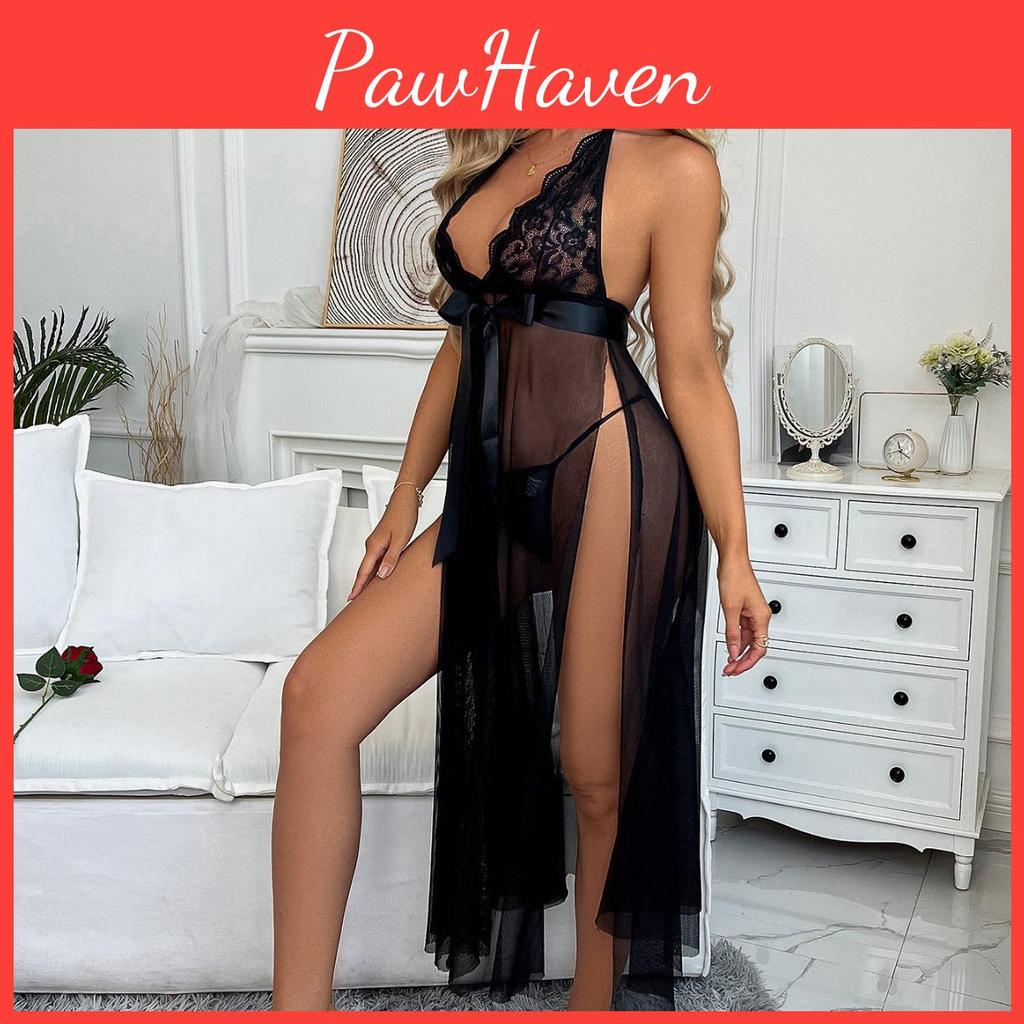 Mesh European Seethrough American Sexy Lingerie Set Long Dress Nightgown Homewear